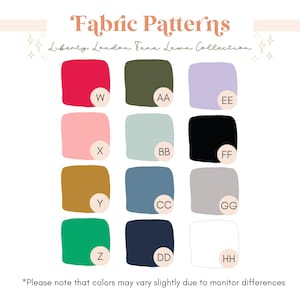 May include: A colour palette graphic titled "Fabric Patterns" from the "Liberty London Tana Lawn Collection." The image displays 12 colour swatches in various shades, including red, olive green, lavender, pink, seafoam, black, gold, blue, grey, emerald, navy, and white.