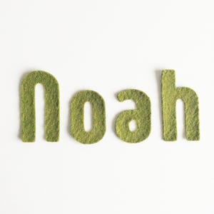 Peut inclure: Le nom "Noah" épelé en lettres de feutre vert sur fond blanc. Les lettres ont un aspect texturé et herbeux, créant un aspect doux et tactile. Les lettres sont espacées uniformément.