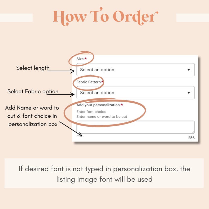 May include: An instructional graphic detailing the ordering process for a custom product. It highlights the steps for selecting size, fabric pattern, and entering personalization details, including font and name. The text at the bottom states the listing image font will be used if a font is not specified.