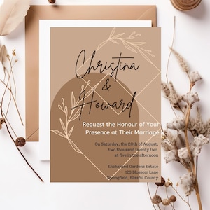 Boho Blooms: geelbruine en chique digitale huwelijksuitnodigingssjabloon | Boho-chic | Bruiloftsuitnodiging | Bruin | Beige | Taupe | Neutrale kleuren