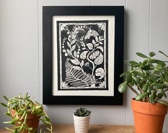 Cottagecore Wall Art Print, Folk Art Block Print, Botanical Linocut Print, Nature Print, Woodland Wall Art, Gardener Gift