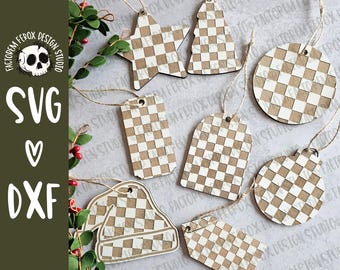 Checkered Background Gift Tag Laser SVG Files ©, Commercial Use SVG, Laser Cut File, Christmas Gift Tags, Basket Tag, Backer, Checkerboard