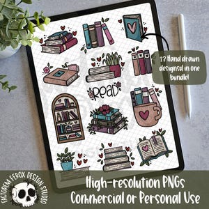 Conjunto de leitura Arquivo digital © - Uso comercial, materiais de embalagem, PNG para impressão, arquivo de adesivos, clipart, Booktok, Bookstagram, leitor, livros