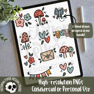 Whimsical Set Digital File © - Użytek komercyjny, Materiały opakowaniowe, Wydrukowane PNG, Plik naklejek, Clipart, Grzyby, Styl retro