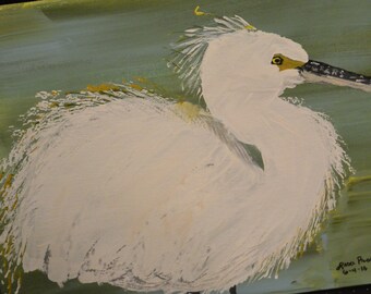 Painting, Snowy Egret Acrylic painting 8 x 10 flat panel