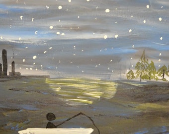 Painting, Night at the Lake 20 x 24 flat panel  acrylic painting