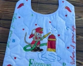 Baby bib, tie neck, vintage material, Fireman