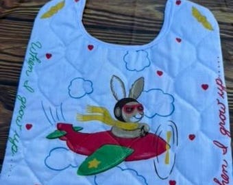 baby bib, vintage material, double sided with tie neck,  pilot, surfboards