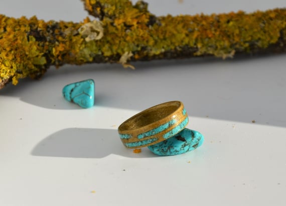 Bague en bois et pierre alliance anneau en bois et turquoise bijoux fait a la main Mariage anneaux en bois Etsy France