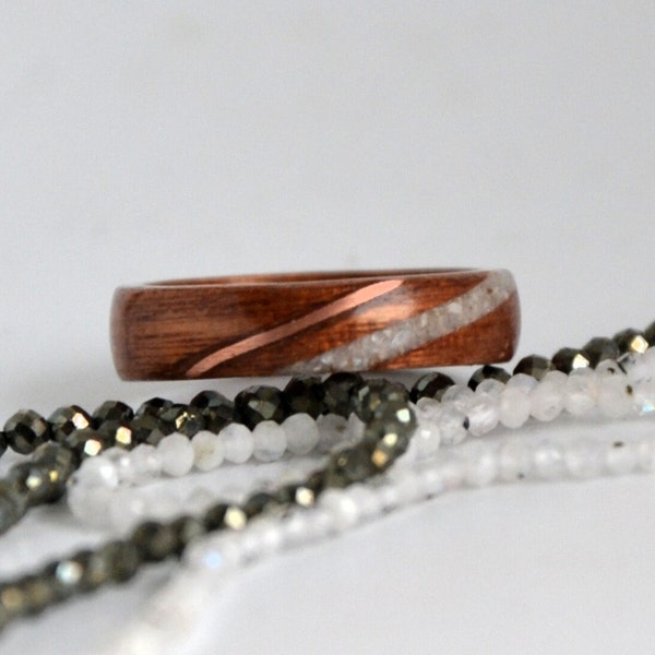 Wooden and stone ring, wedding ring, wooden and moonstone ring, handmade jewelry, Wedding, wooden rings, Mahogany, Copper