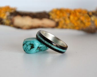 Houten en zilveren ring, trouwring, handgemaakte houten en zilveren ring, handgemaakte sieraden, bruiloft, ebbenhouten ring met turkoois