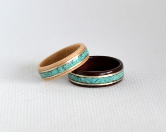 Wooden and stone ring, wedding ring, wooden ring, wooden jewelry with Turquoise and silver, handmade jewelry, Wedding, amaranth, maple