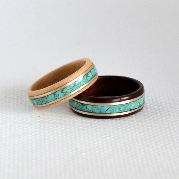 Bague en bois et pierre,alliance,anneau en bois,bijoux en bois avec Turquoise et argent ,bijoux fait à la main, Mariage, amarante, érable