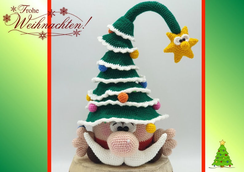 May include: A crocheted Christmas tree gnome with a green hat, white trim, and colorful ornaments. The gnome has a pink nose, white beard, and brown eyes. The gnome is sitting on a wooden base.