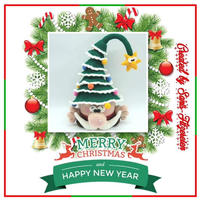 May include: A crocheted Christmas gnome wearing a green Christmas tree hat with lights and a star on top. The gnome has a white beard and a red nose. The background is a wreath of green pine branches with red and white ornaments.