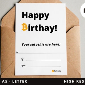 Imprimible Cumpleaños Bitcoin. Regalo tarjeta bitcoin aniversario. Tarjeta imprimir Bitcoin. Regalo wallet BTC. Cartera recortable bitcoin
