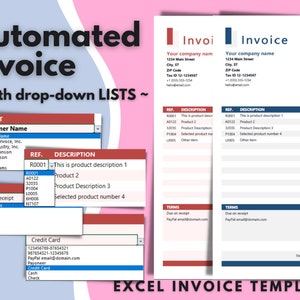 Op de afbeelding: Een rood-blauwe Excel-factuurtemplate met vervolgkeuzelijsten voor klantnaam, referentienummer, beschrijving en betaalmethode. De factuur bevat velden voor hoeveelheid, prijs, subtotaal, korting, nettobedrag, btw en totaalbedrag. De factuur bevat ook algemene voorwaarden, zoals vervaldatum bij ontvangst en betaalmethoden.