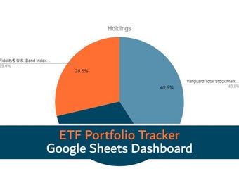May include: A pie chart showing investment holdings, with segments in orange, blue, and dark blue. The chart includes labels for Fidelity U.S. Bond Index (28.6%) and Vanguard Total Stock Market (40.8%). Text at the bottom reads "ETF Portfolio Tracker Google Sheets Dashboard."