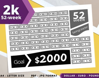 2k money tracker 52-week. Save 2000 a year. Savings tracker printable. Yearly saver. Funds tracker. 2k dollar euro pound. Kids piggy bank