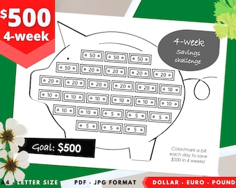 4-week savings challenge. 500 in 4 weeks. Savings tracker printable. Monthly saver. Funds tracker. 500 dollar euro pound. Kids piggy bank