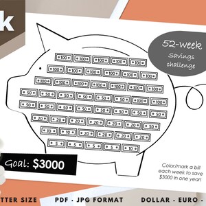 Op de afbeelding: Een zwart-witte printbare spaarvarken spaargrafiek met de tekst "52-weken spaaruitdaging" en "Doel: € 3000". De grafiek is verdeeld in vierkanten met nummers die de te sparen bedragen in euro per week voorstellen.