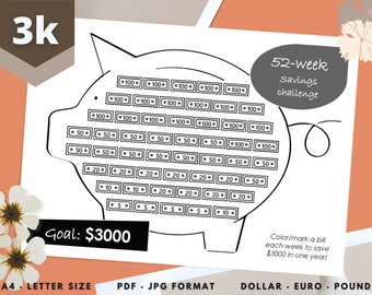 3k Savings tracker. Save 3k in one year. Funds tracker. 3000 dollar euro pound saver. Kids piggy bank. Money goal challenge Printable