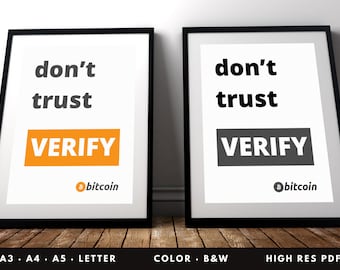 Bitcoin wall art printable. 'Don't trust. Verify' Quote. Digital Wall Art. Bitcoin poster printable. Wall decor BTC. Instant download