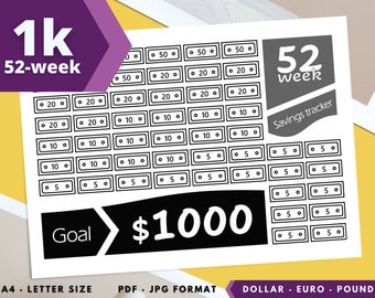 1k money tracker 52-week. Save 1000 a year. Savings tracker printable. Yearly saver. Funds tracker. 1k dollar euro pound. Kids piggy bank