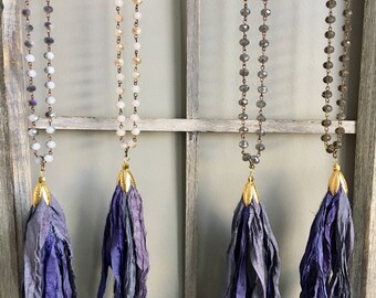 Purple Boho Sari Silk Tassel Necklace