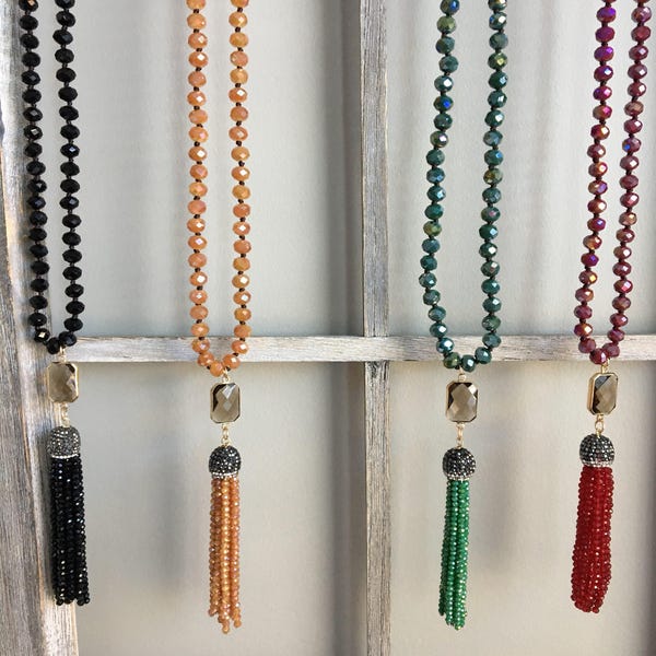 Beaded Tassel Pave Necklace