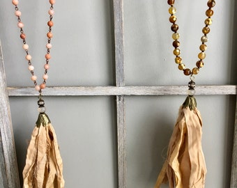 Papaya Boho Silk Sari Tassel Necklace