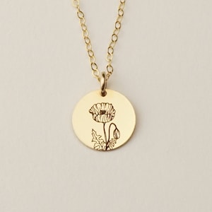 Collar con colgante de flor de nacimiento de agosto, collar de amapola, colgante de flor de nacimiento personalizado / Relleno de oro de 14 k, plata de ley, relleno de oro rosa