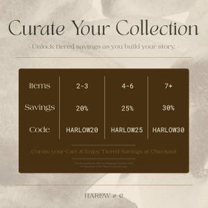 The image is a promotional image for a collection of items, savings, and code. It features a brown background with a list of items and their corresponding savings and code. The text encourages customers to curate their carts and enjoy tiered savings at checkout, offering free shipping discounts for certain combinations of items.