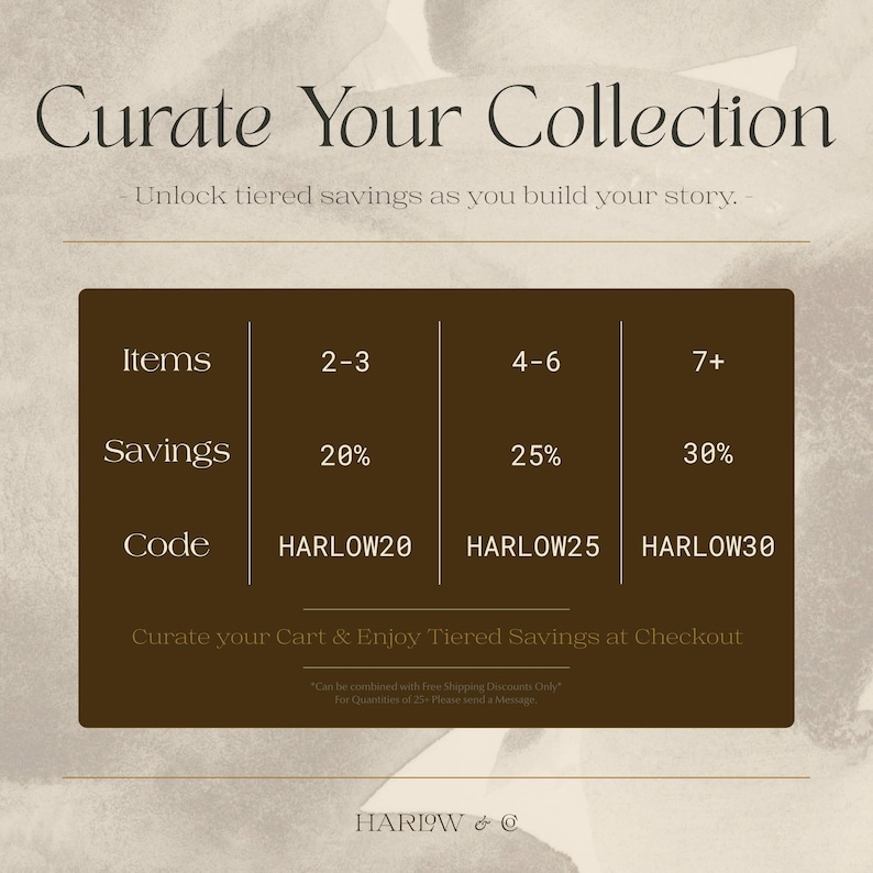 The image is a promotional image for a collection of items, savings, and code. It features a brown background with a list of items and their corresponding savings and code. The text encourages customers to curate their carts and enjoy tiered savings at checkout, offering free shipping discounts for certain combinations of items.