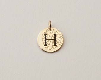 Encanto inicial Monstera, disco de encanto inicial personalizado / relleno de oro de 14 k, plata de ley, relleno de oro rosa