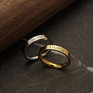パーソナライズされたネームバンドリング、スタッキングネームリング、パーソナライズされたスタッキングバンドリング 3 mm | 18Kゴールド、シルバー、ステンレススチールPVD