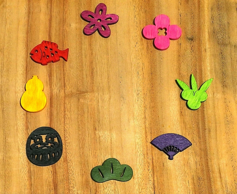 daruma flowers etc Wooden flake for decoration -eight 8 pieces- fish fan