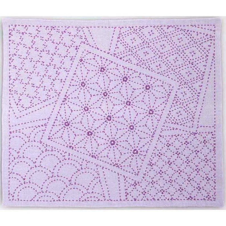 stitch on the preprinted line- approx white cotton sashiko pattern kit \u5bc4\u305b\u6a21\u69d8 \u7d2b 30 cm x 36 cm Bloom in layered square 11.8 inch x 14 inch