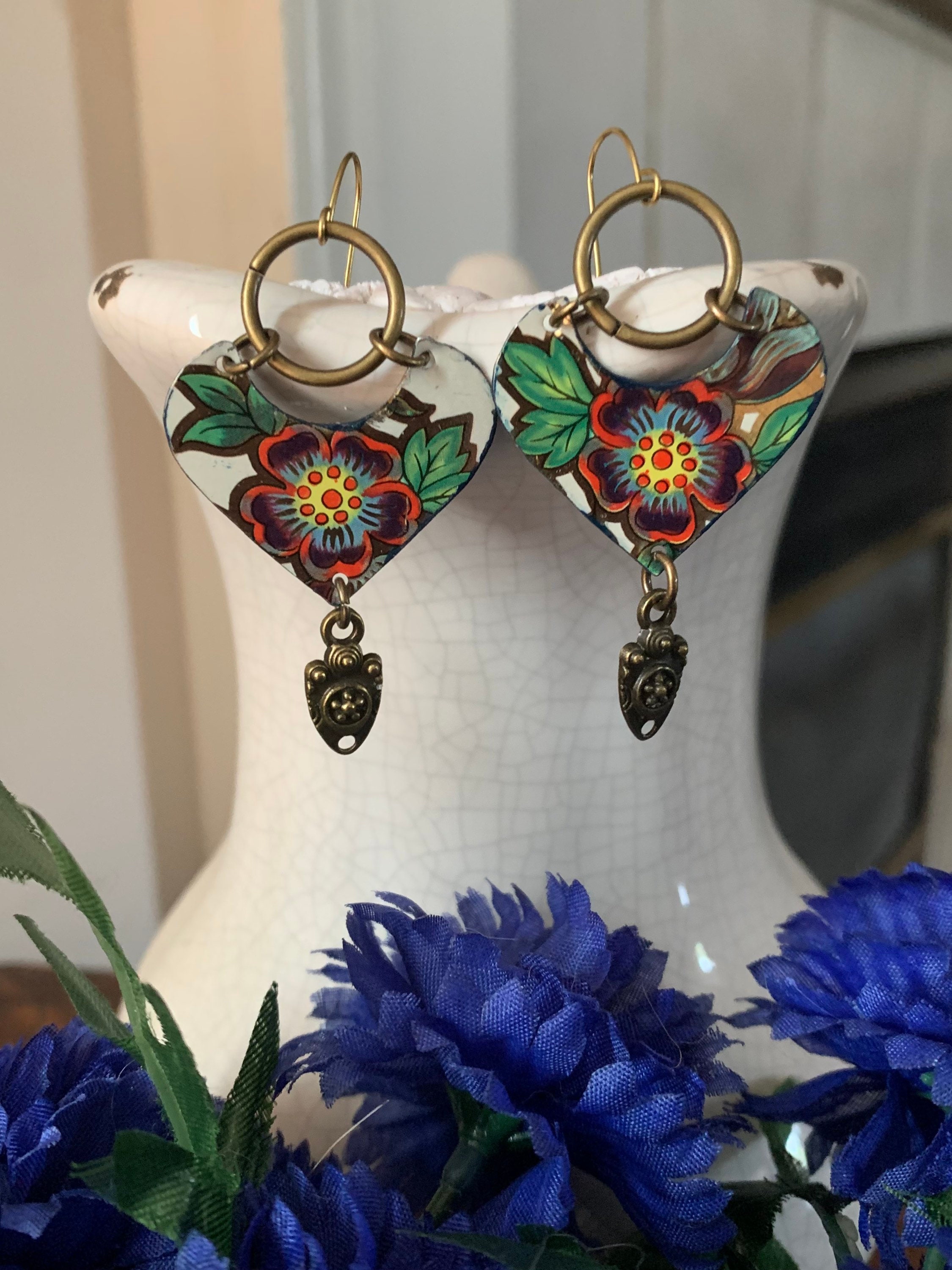 Tin jewelry Vintage tin earrings Tin earrings Boho dangle | Etsy