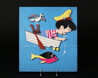 Arte Popular Para Niños Dimentional - Niño en pesca en bote de remos