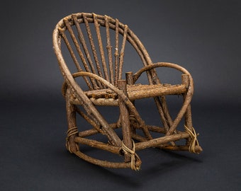 Miniatura de rama doblada, mecedora de arte popular, muebles de hadas