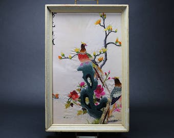 Vintage artesanía china seda-embroadery pavos reales para servir bandeja