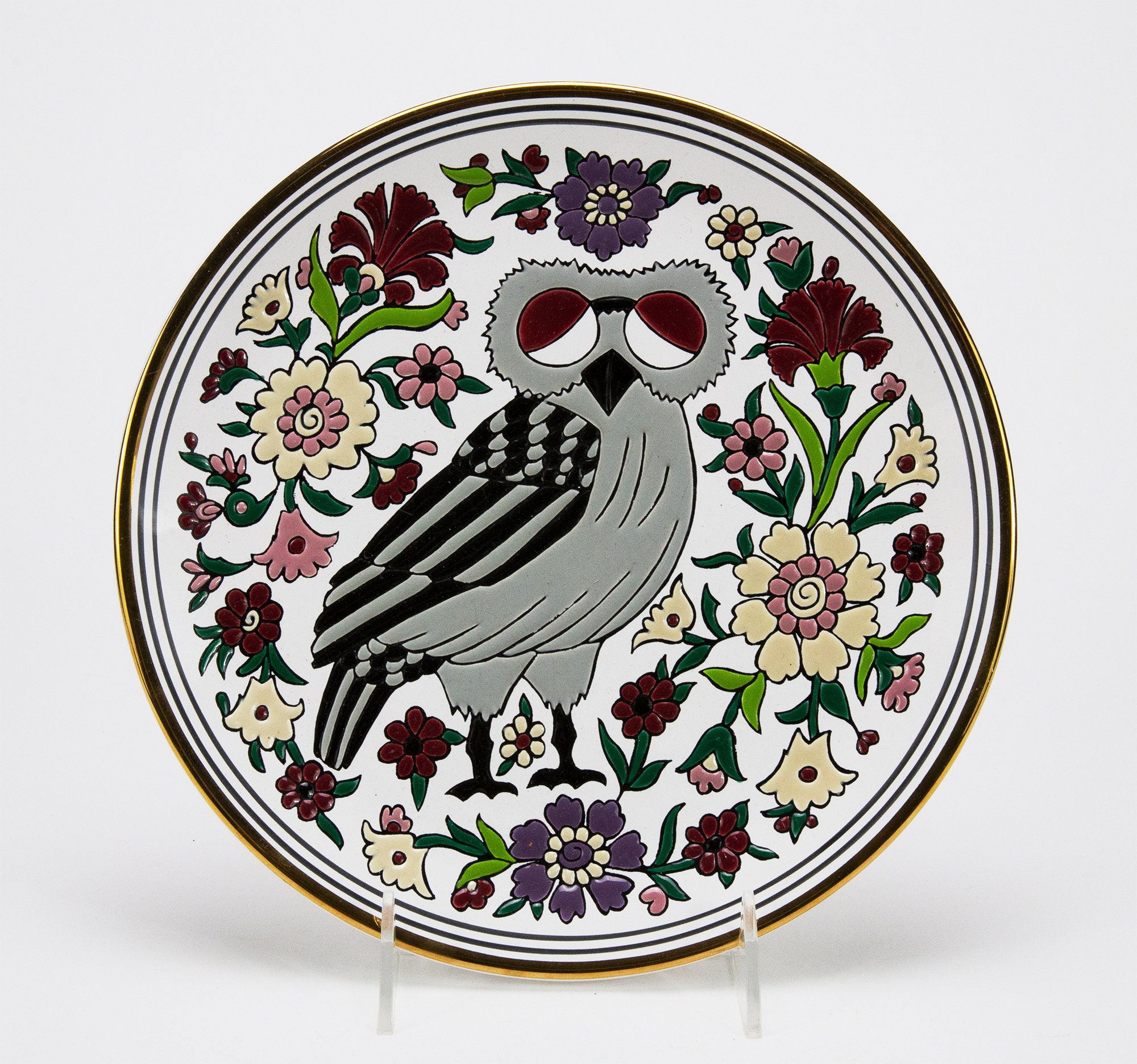 Hand Made Gold-Edge, Wise Owl Ceramic Display Plate from Rodos, Greece