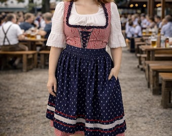 Short Gingham Dirndl Dress, Trachten Austrian Dress, Alpen Bavarian Dress, Traditional Oktoberfest Dress, German Tyrolean Folk Dress, S