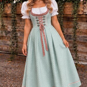 Pastel Mint Dirndl Dress with White Blouse, Oktoberfest Outfit, Midi Dirndl Dress, 2 piece Set Size EU 38 US 8 M