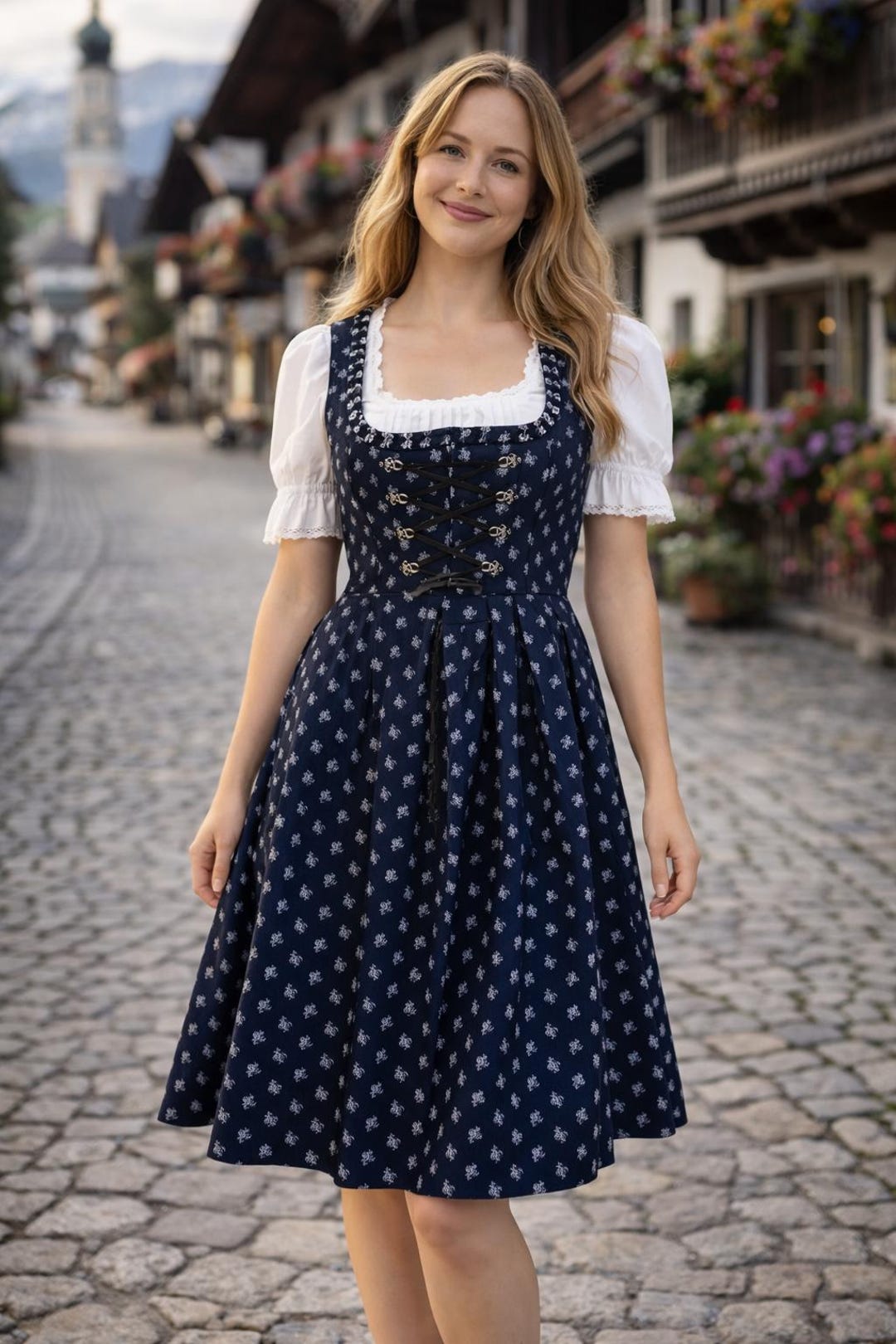 Knee Length Dirndl Dress, Trachten Austrian Dress, Alpen Bavarian Dress ...