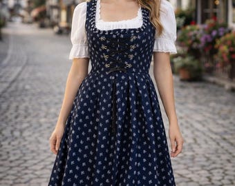 Knee Length Dirndl Dress, Trachten Austrian Dress, Alpen Bavarian Dress, Traditional Oktoberfest Dress, German Tyrolean Folk Dress size 42