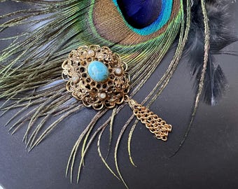 Cadeau d'anniversaire pour grand-mère Rare Broche antique vintage turquoise Broche victorienne Jablonex Broche en filigrane Broche en bronze antique