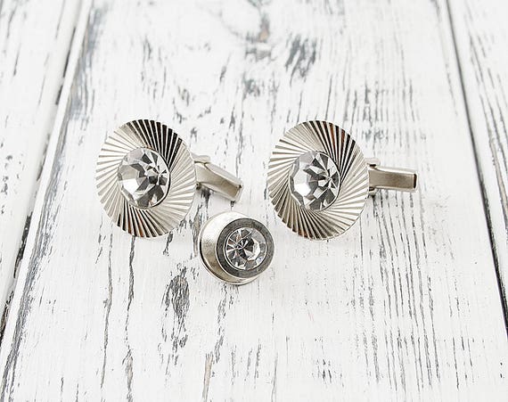 Vintage cuff links tie pin Silver cuff links Groomsmen cuff links tie pin Wedding cuff links Vintage accessory Men jewelry for groom gift