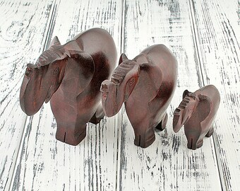 Good luck Elephant gift Carved elephant decor Tribal elephant statue Animal decor Elephant figurine Wood elephant set vintage home decor